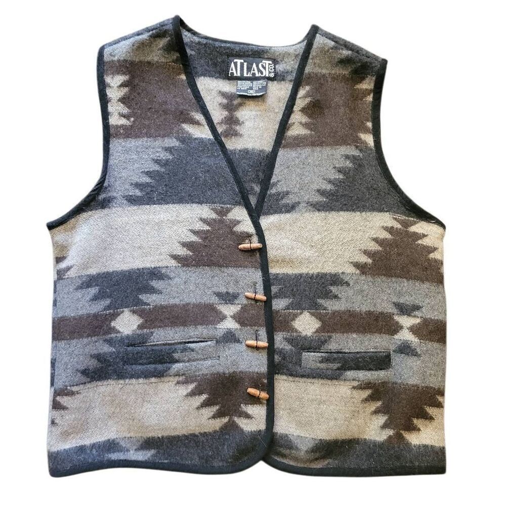 Vintage 90s At Last & Co Vest Women's Medium Grey Southwest Aztec Blanket Wool